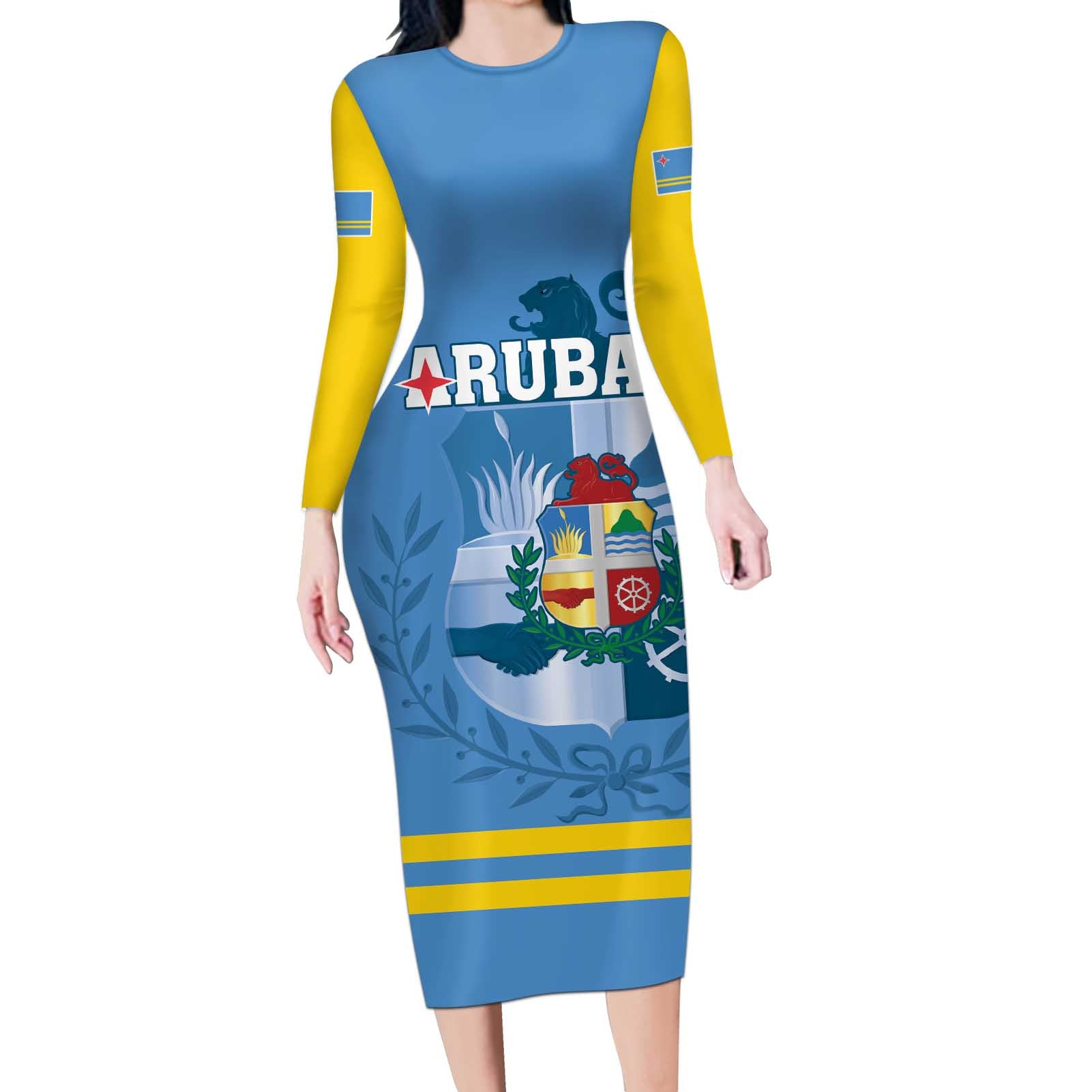 Custom Aruba Coat Of Arms Long Sleeve Bodycon Dress With Flag Style - Wonder Print Shop