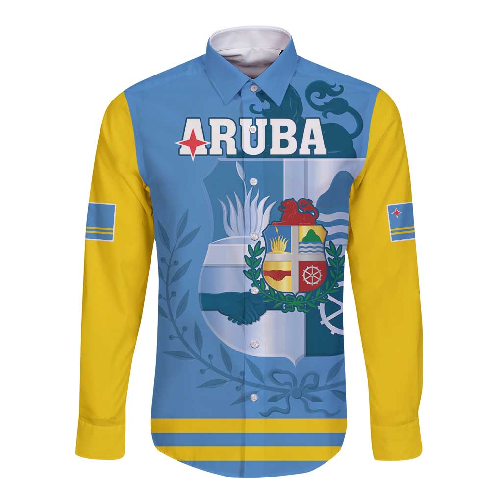 Custom Aruba Coat Of Arms Long Sleeve Button Shirt With Flag Style - Wonder Print Shop