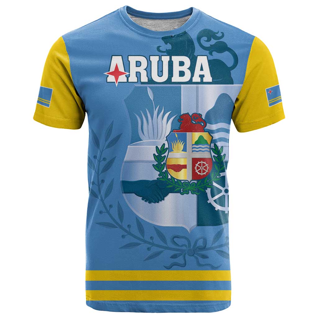 Custom Aruba Coat Of Arms T Shirt With Flag Style - Wonder Print Shop