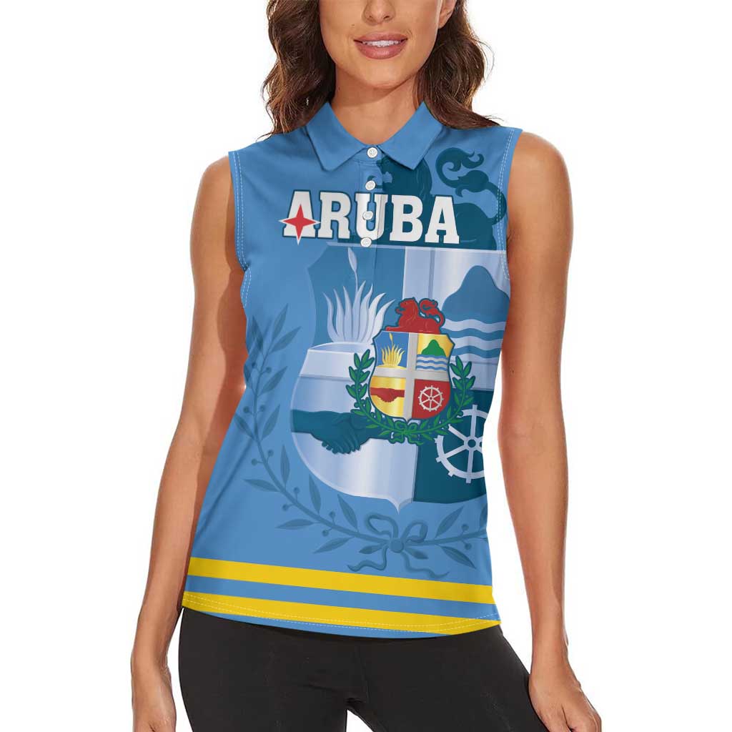 Custom Aruba Coat Of Arms Women Sleeveless Polo Shirt With Flag Style - Wonder Print Shop