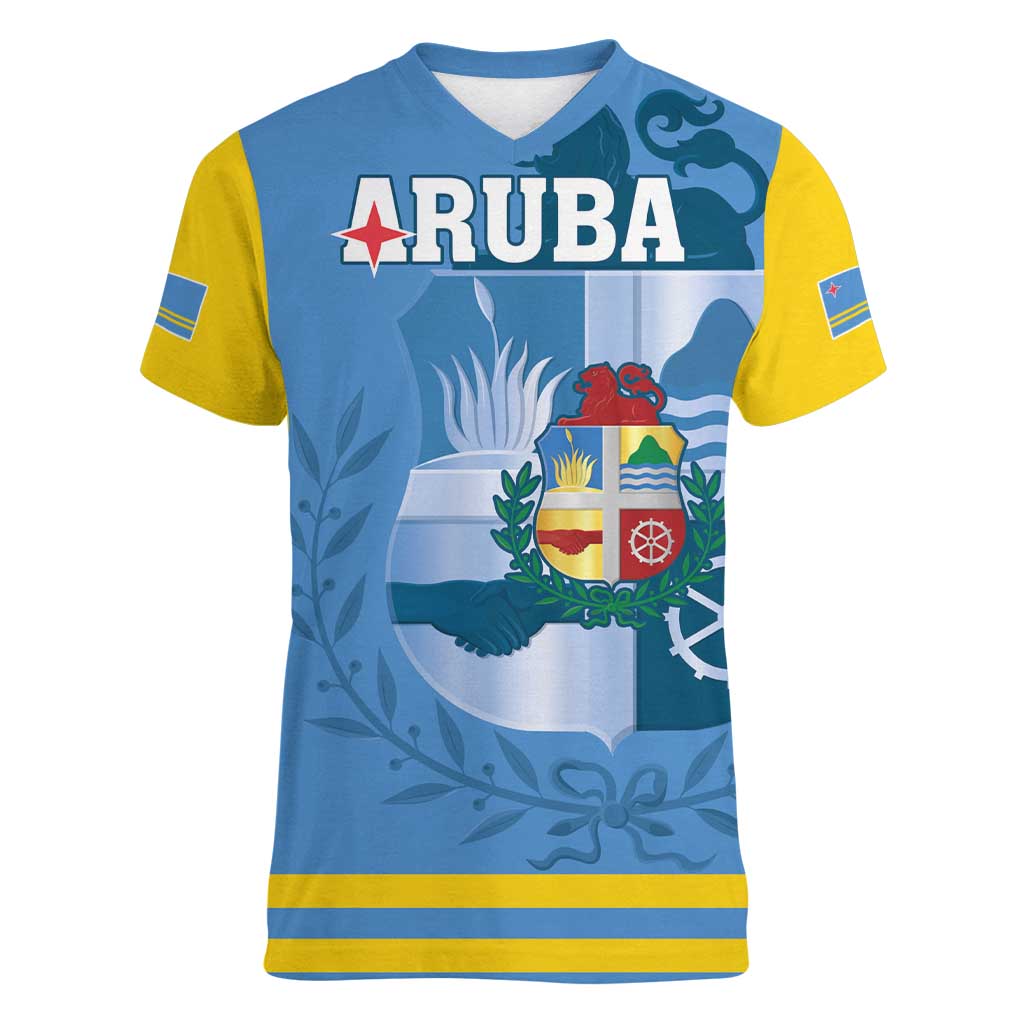 Custom Aruba Coat Of Arms Women V-Neck T-Shirt With Flag Style - Wonder Print Shop