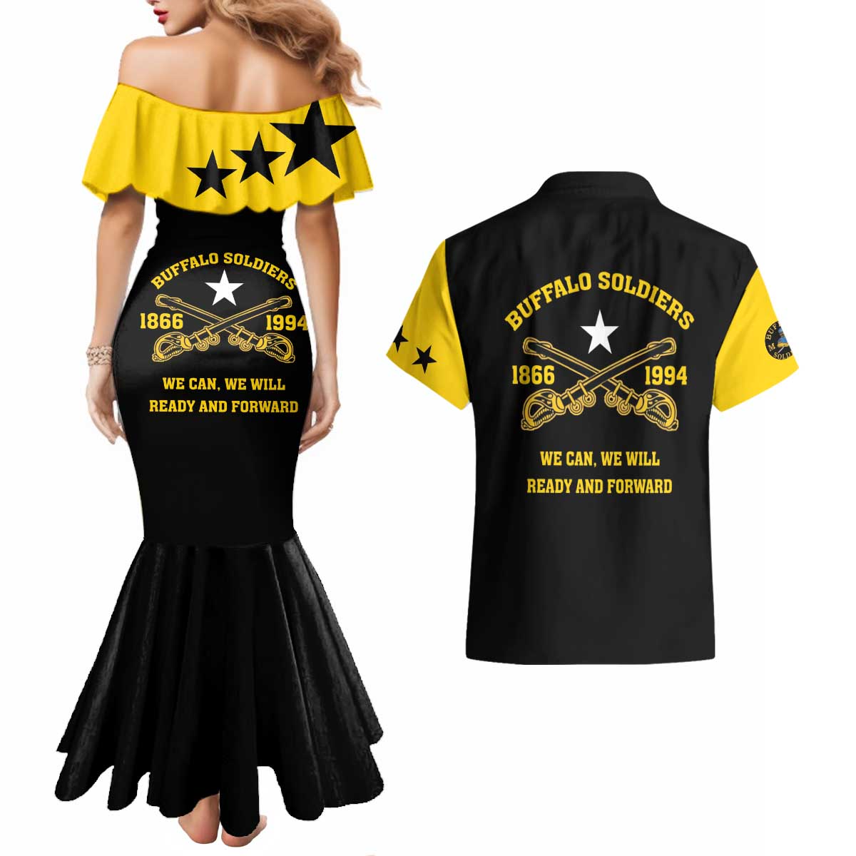 Personalized Buffalo Soldier Couples Matching Mermaid Dress and Hawaiian Shirt We Can We Will Ready And Forward - Wonder Print Shop