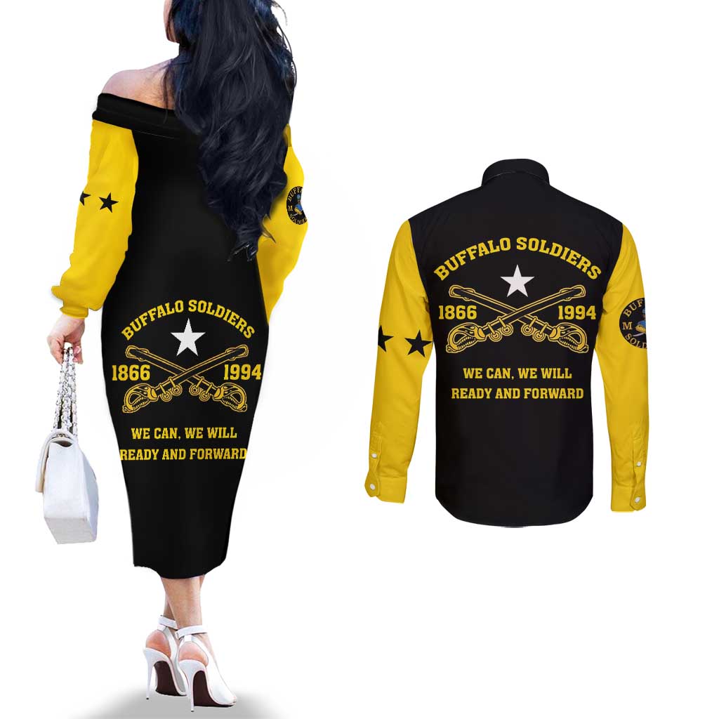 Personalized Buffalo Soldier Couples Matching Off The Shoulder Long Sleeve Dress and Long Sleeve Button Shirt We Can We Will Ready And Forward