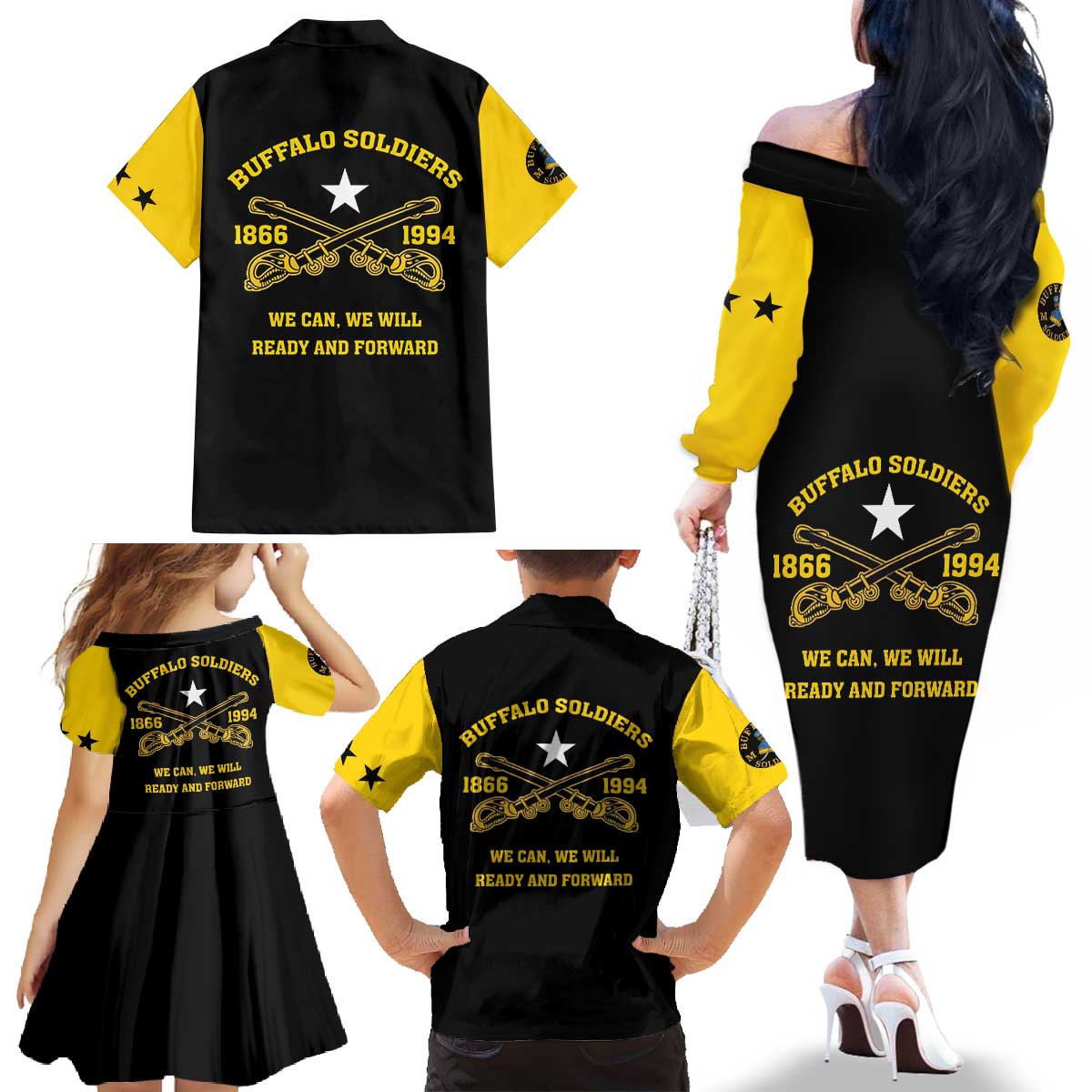 Personalized Buffalo Soldier Family Matching Off The Shoulder Long Sleeve Dress and Hawaiian Shirt We Can We Will Ready And Forward - Wonder Print Shop