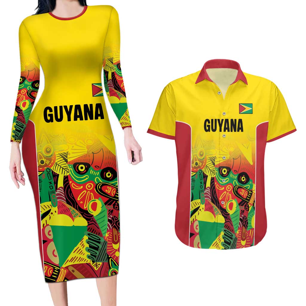 Custom Guyana Football Couples Matching Long Sleeve Bodycon Dress and Hawaiian Shirt Golden Jaguars Spirit - Yellow - Wonder Print Shop