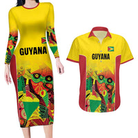 Custom Guyana Football Couples Matching Long Sleeve Bodycon Dress and Hawaiian Shirt Golden Jaguars Spirit - Yellow - Wonder Print Shop