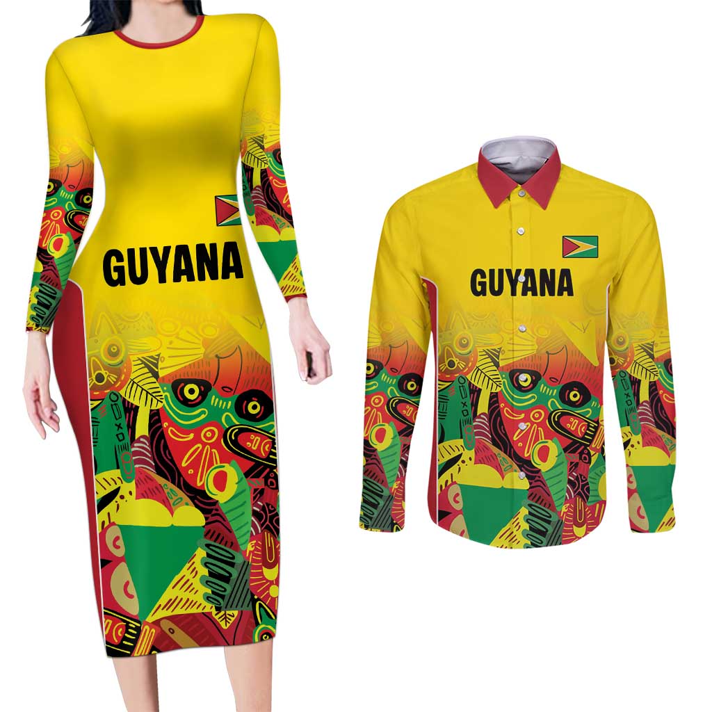 Custom Guyana Football Couples Matching Long Sleeve Bodycon Dress and Long Sleeve Button Shirt Golden Jaguars Spirit - Yellow - Wonder Print Shop