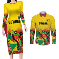 Custom Guyana Football Couples Matching Long Sleeve Bodycon Dress and Long Sleeve Button Shirt Golden Jaguars Spirit - Yellow - Wonder Print Shop