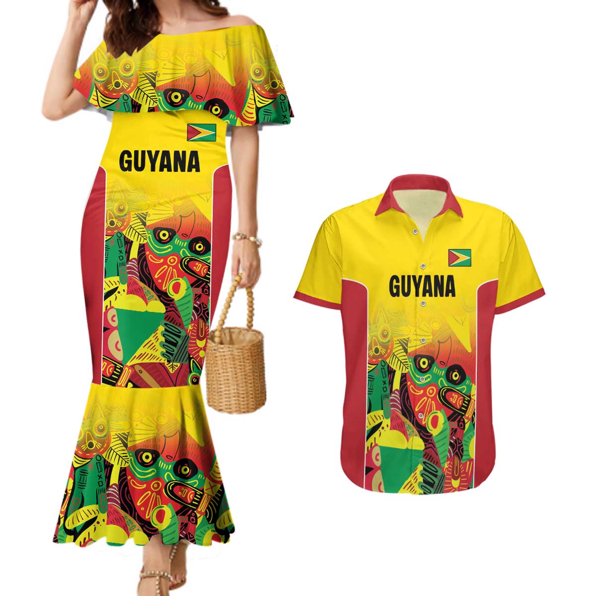 Custom Guyana Football Couples Matching Mermaid Dress and Hawaiian Shirt Golden Jaguars Spirit - Yellow - Wonder Print Shop