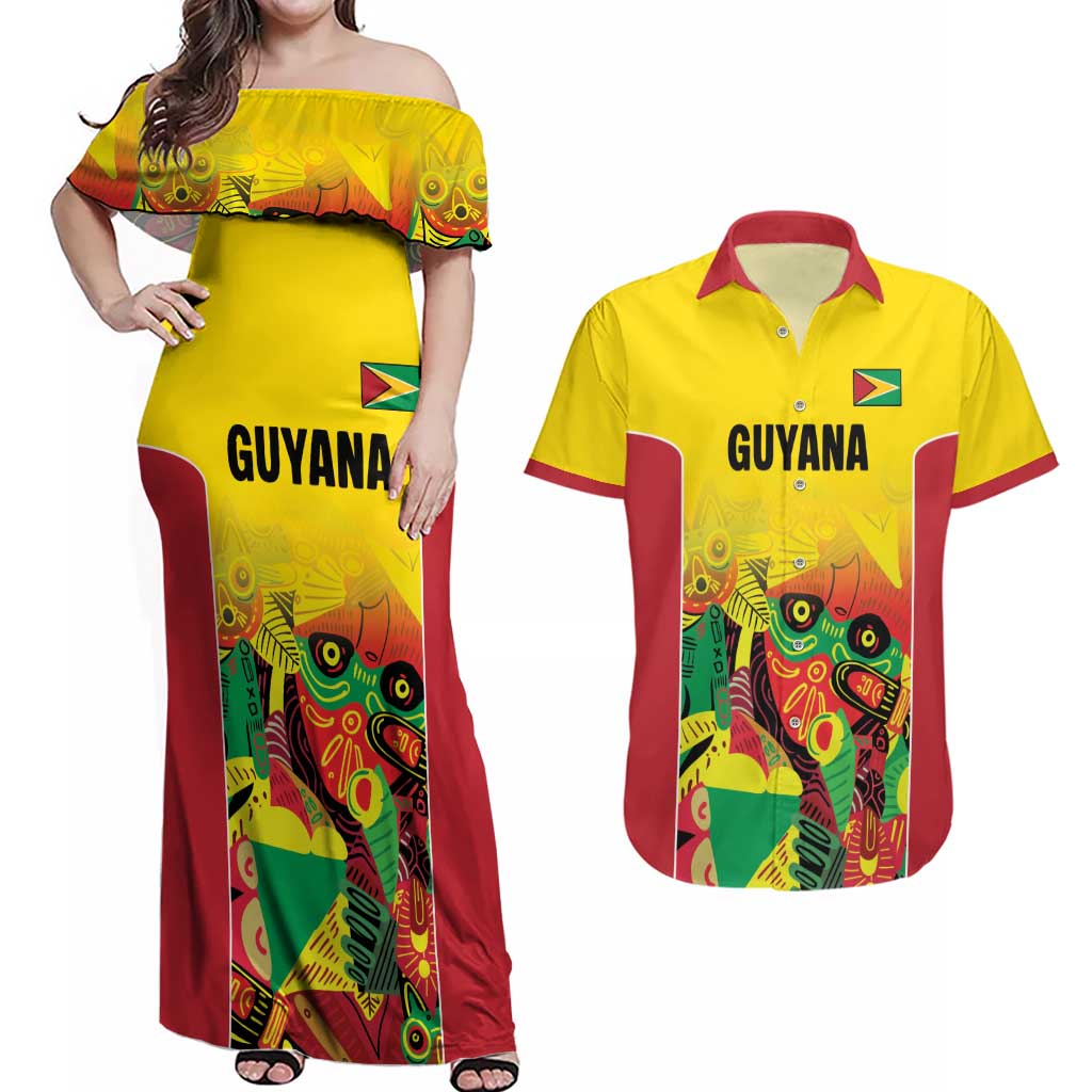 Custom Guyana Football Couples Matching Off Shoulder Maxi Dress and Hawaiian Shirt Golden Jaguars Spirit - Yellow - Wonder Print Shop