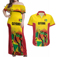 Custom Guyana Football Couples Matching Off Shoulder Maxi Dress and Hawaiian Shirt Golden Jaguars Spirit - Yellow - Wonder Print Shop