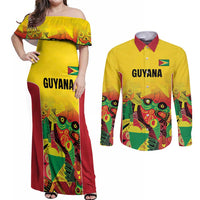Custom Guyana Football Couples Matching Off Shoulder Maxi Dress and Long Sleeve Button Shirt Golden Jaguars Spirit - Yellow - Wonder Print Shop