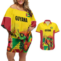 Custom Guyana Football Couples Matching Off Shoulder Short Dress and Hawaiian Shirt Golden Jaguars Spirit - Yellow - Wonder Print Shop