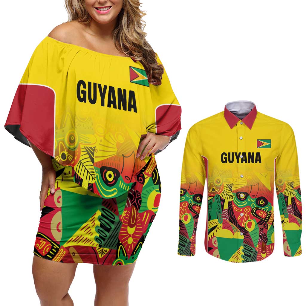 Custom Guyana Football Couples Matching Off Shoulder Short Dress and Long Sleeve Button Shirt Golden Jaguars Spirit - Yellow - Wonder Print Shop