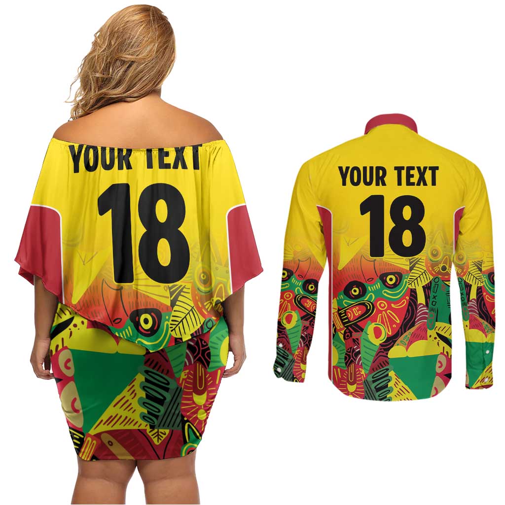 Custom Guyana Football Couples Matching Off Shoulder Short Dress and Long Sleeve Button Shirt Golden Jaguars Spirit - Yellow - Wonder Print Shop