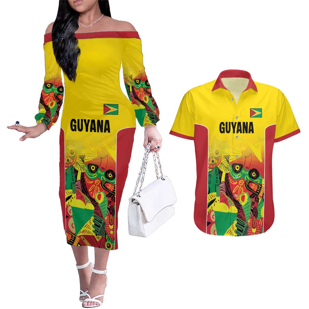 Custom Guyana Football Couples Matching Off The Shoulder Long Sleeve Dress and Hawaiian Shirt Golden Jaguars Spirit - Yellow - Wonder Print Shop