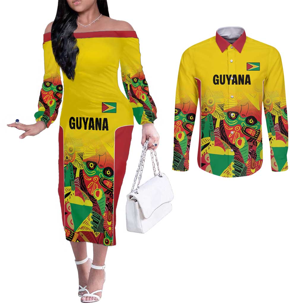 Custom Guyana Football Couples Matching Off The Shoulder Long Sleeve Dress and Long Sleeve Button Shirt Golden Jaguars Spirit - Yellow - Wonder Print Shop