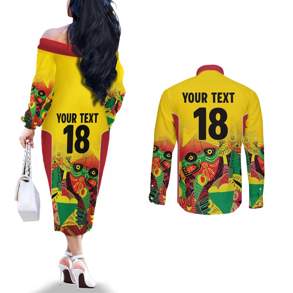 Custom Guyana Football Couples Matching Off The Shoulder Long Sleeve Dress and Long Sleeve Button Shirt Golden Jaguars Spirit - Yellow - Wonder Print Shop