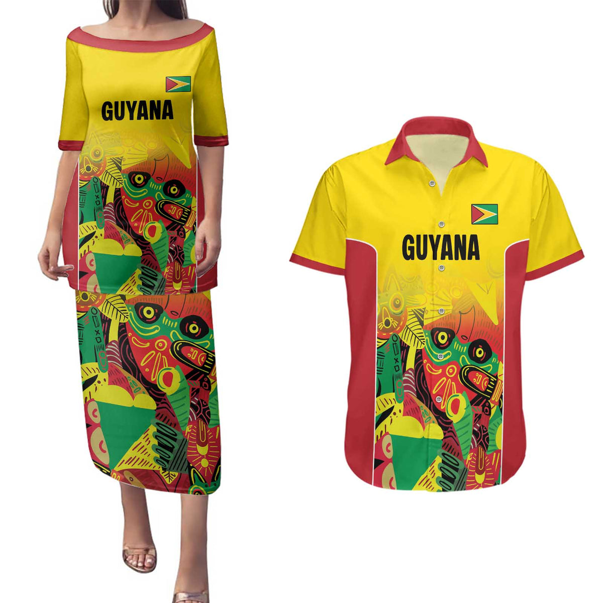 Custom Guyana Football Couples Matching Puletasi and Hawaiian Shirt Golden Jaguars Spirit - Yellow - Wonder Print Shop