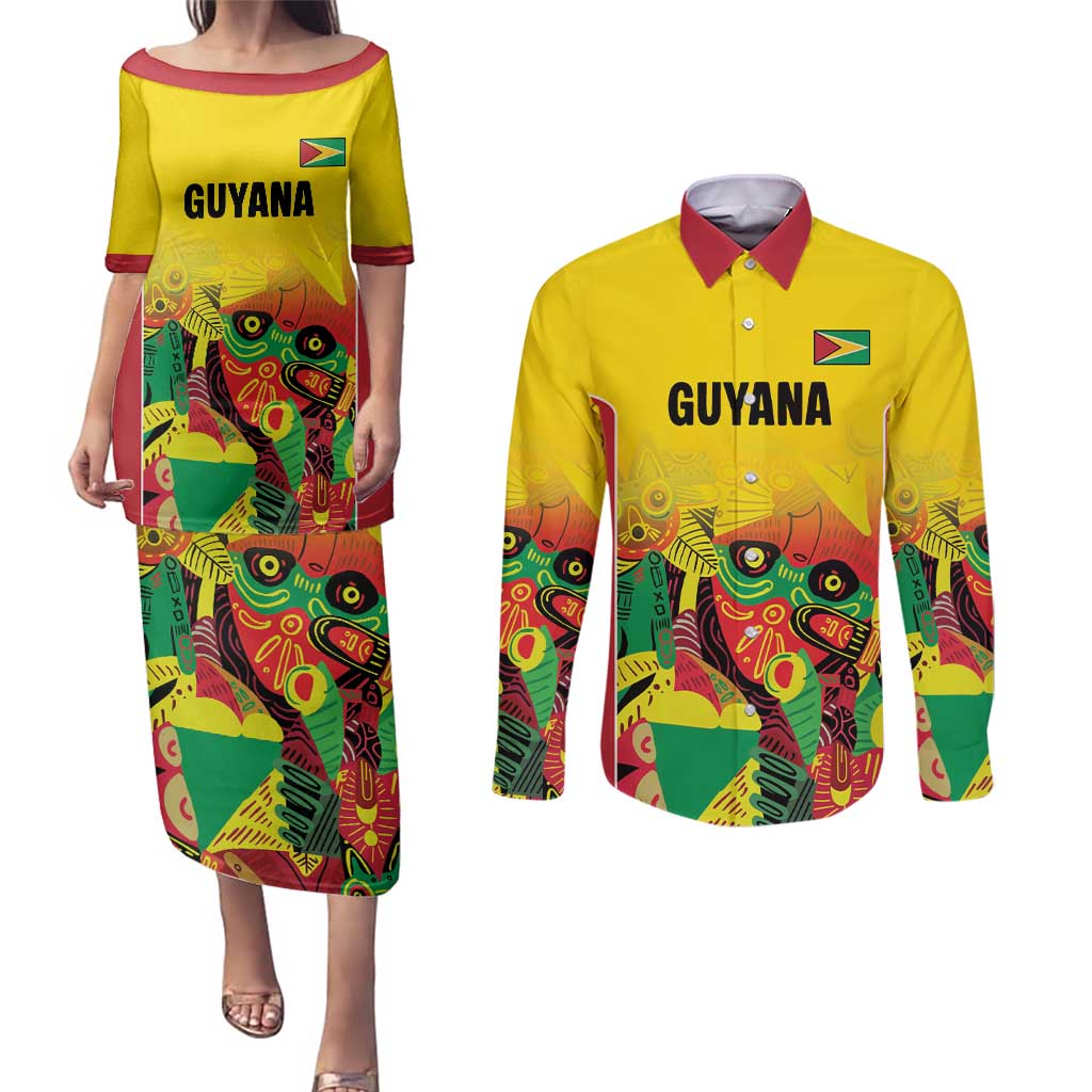 Custom Guyana Football Couples Matching Puletasi and Long Sleeve Button Shirt Golden Jaguars Spirit - Yellow - Wonder Print Shop