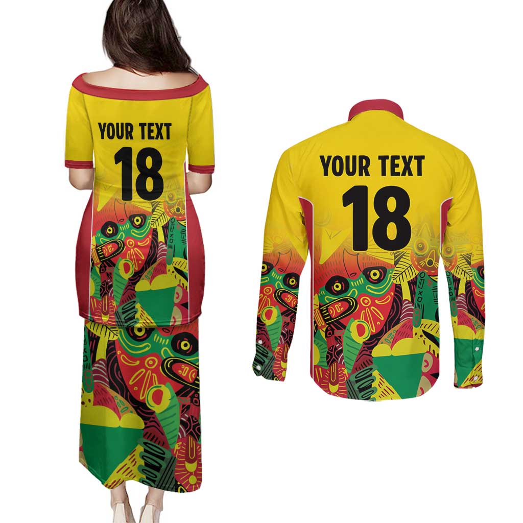 Custom Guyana Football Couples Matching Puletasi and Long Sleeve Button Shirt Golden Jaguars Spirit - Yellow - Wonder Print Shop