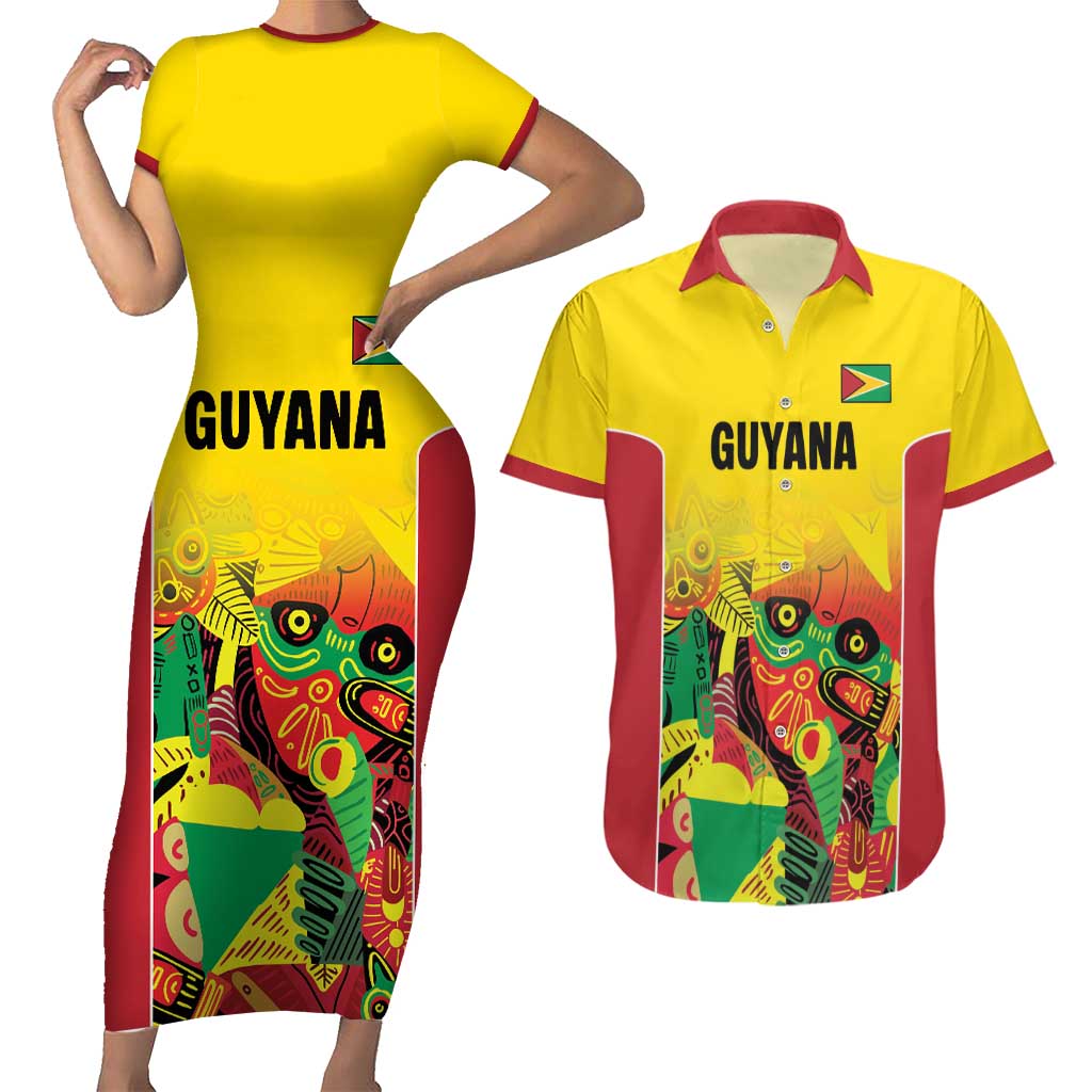 Custom Guyana Football Couples Matching Short Sleeve Bodycon Dress and Hawaiian Shirt Golden Jaguars Spirit - Yellow - Wonder Print Shop