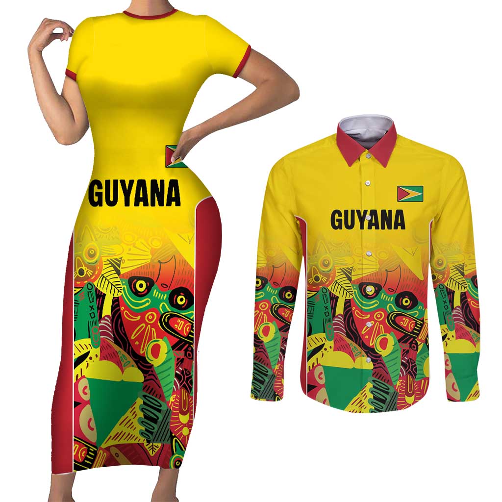 Custom Guyana Football Couples Matching Short Sleeve Bodycon Dress and Long Sleeve Button Shirt Golden Jaguars Spirit - Yellow - Wonder Print Shop