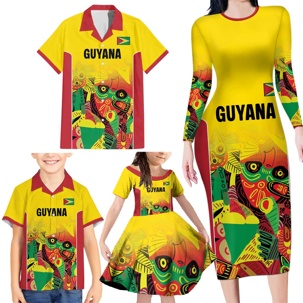 Custom Guyana Football Family Matching Long Sleeve Bodycon Dress and Hawaiian Shirt Golden Jaguars Spirit - Yellow - Wonder Print Shop
