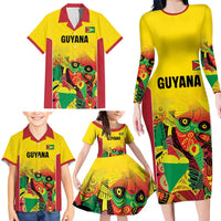 Custom Guyana Football Family Matching Long Sleeve Bodycon Dress and Hawaiian Shirt Golden Jaguars Spirit - Yellow - Wonder Print Shop