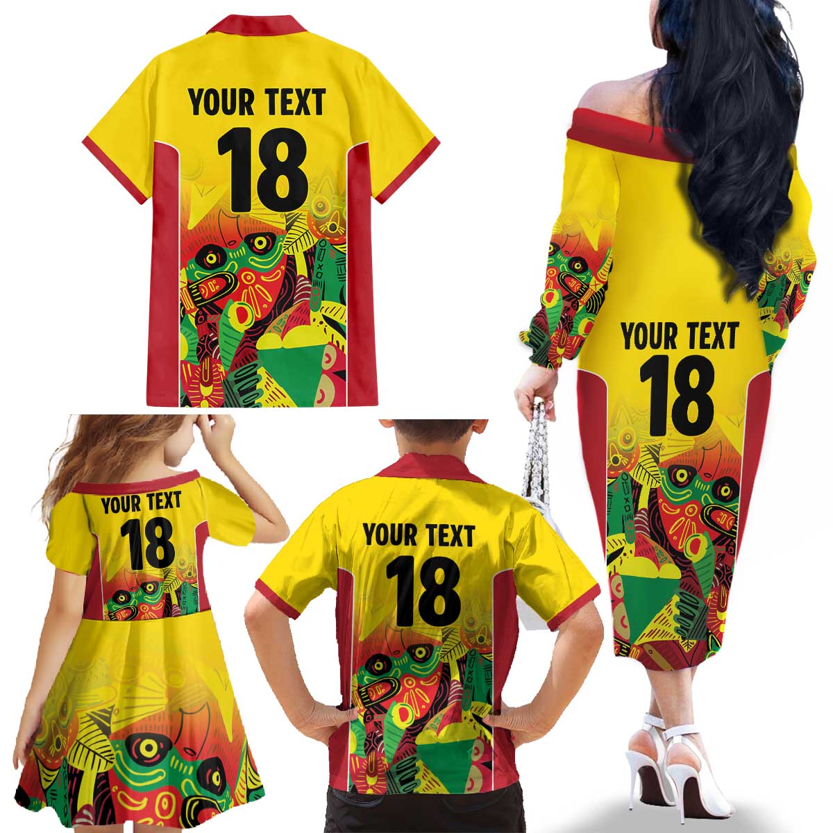 Custom Guyana Football Family Matching Off The Shoulder Long Sleeve Dress and Hawaiian Shirt Golden Jaguars Spirit - Yellow - Wonder Print Shop