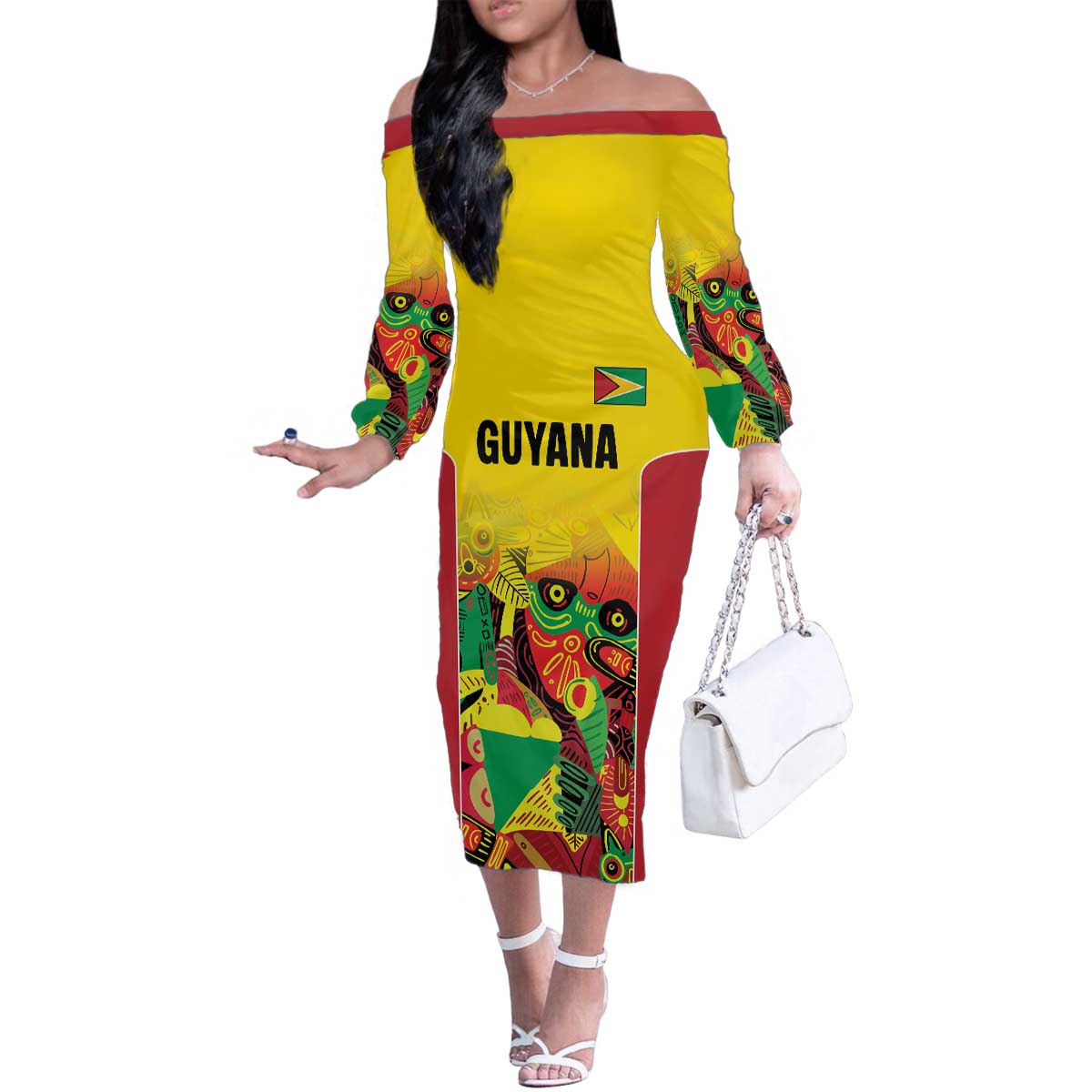 Custom Guyana Football Family Matching Off The Shoulder Long Sleeve Dress and Hawaiian Shirt Golden Jaguars Spirit - Yellow - Wonder Print Shop