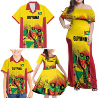 Custom Guyana Football Family Matching Off Shoulder Maxi Dress and Hawaiian Shirt Golden Jaguars Spirit - Yellow - Wonder Print Shop