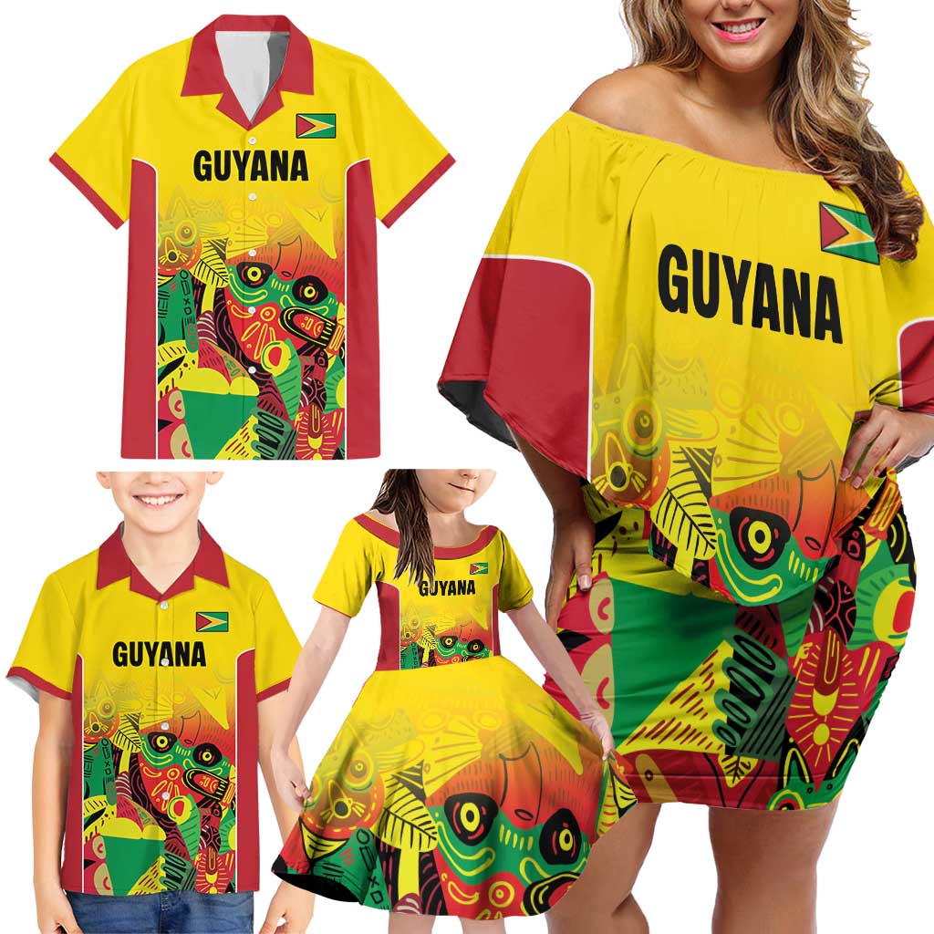 Custom Guyana Football Family Matching Off Shoulder Short Dress and Hawaiian Shirt Golden Jaguars Spirit - Yellow - Wonder Print Shop