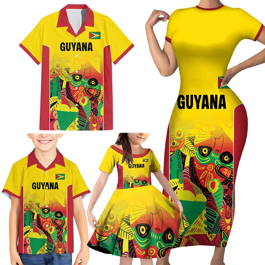Custom Guyana Football Family Matching Short Sleeve Bodycon Dress and Hawaiian Shirt Golden Jaguars Spirit - Yellow - Wonder Print Shop