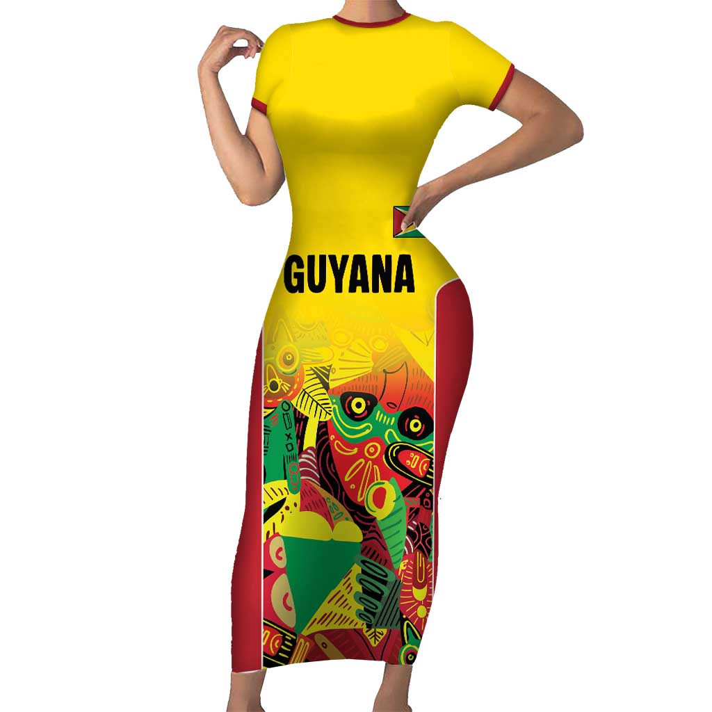 Custom Guyana Football Family Matching Short Sleeve Bodycon Dress and Hawaiian Shirt Golden Jaguars Spirit - Yellow - Wonder Print Shop