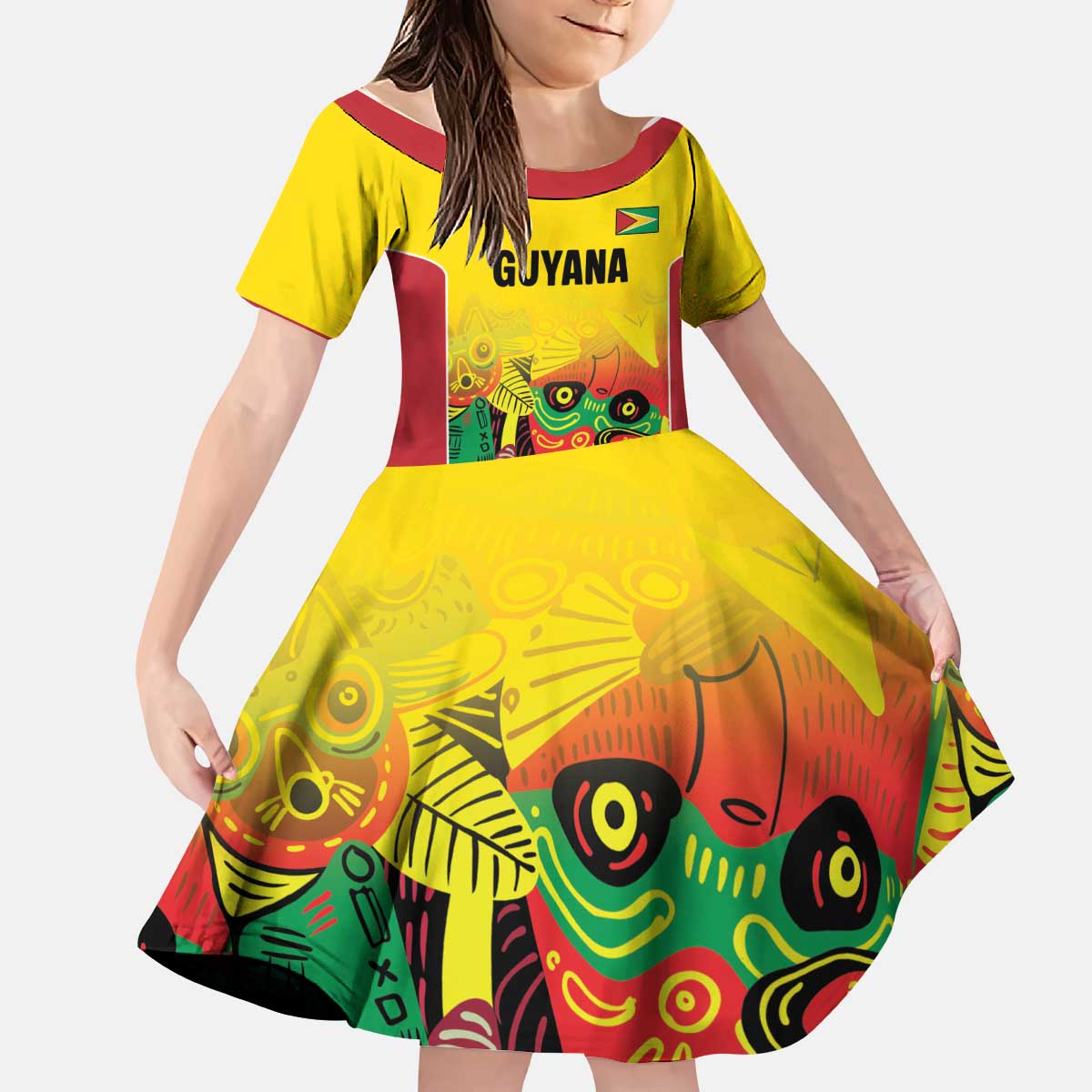 Custom Guyana Football Kid Short Sleeve Dress Golden Jaguars Spirit - Yellow - Wonder Print Shop