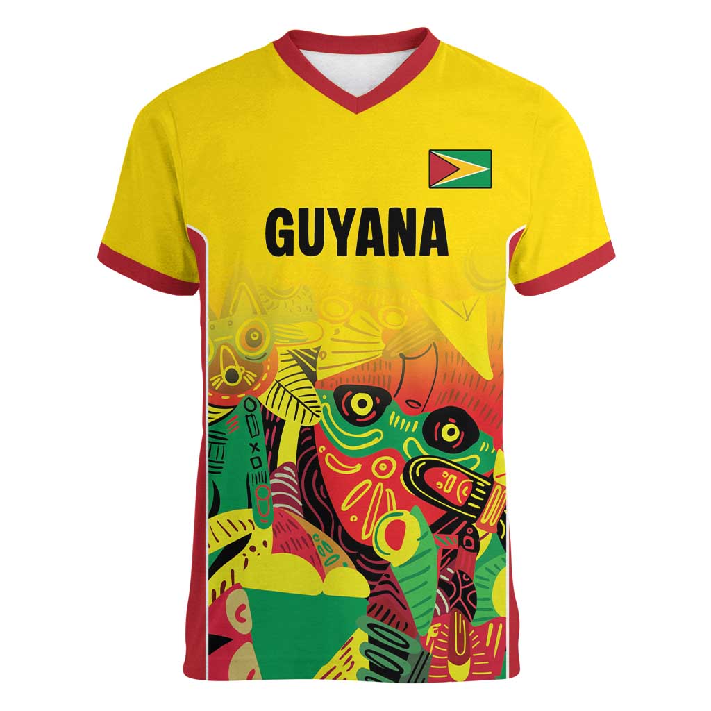 Custom Guyana Football Women V-Neck T-Shirt Golden Jaguars Spirit - Yellow - Wonder Print Shop