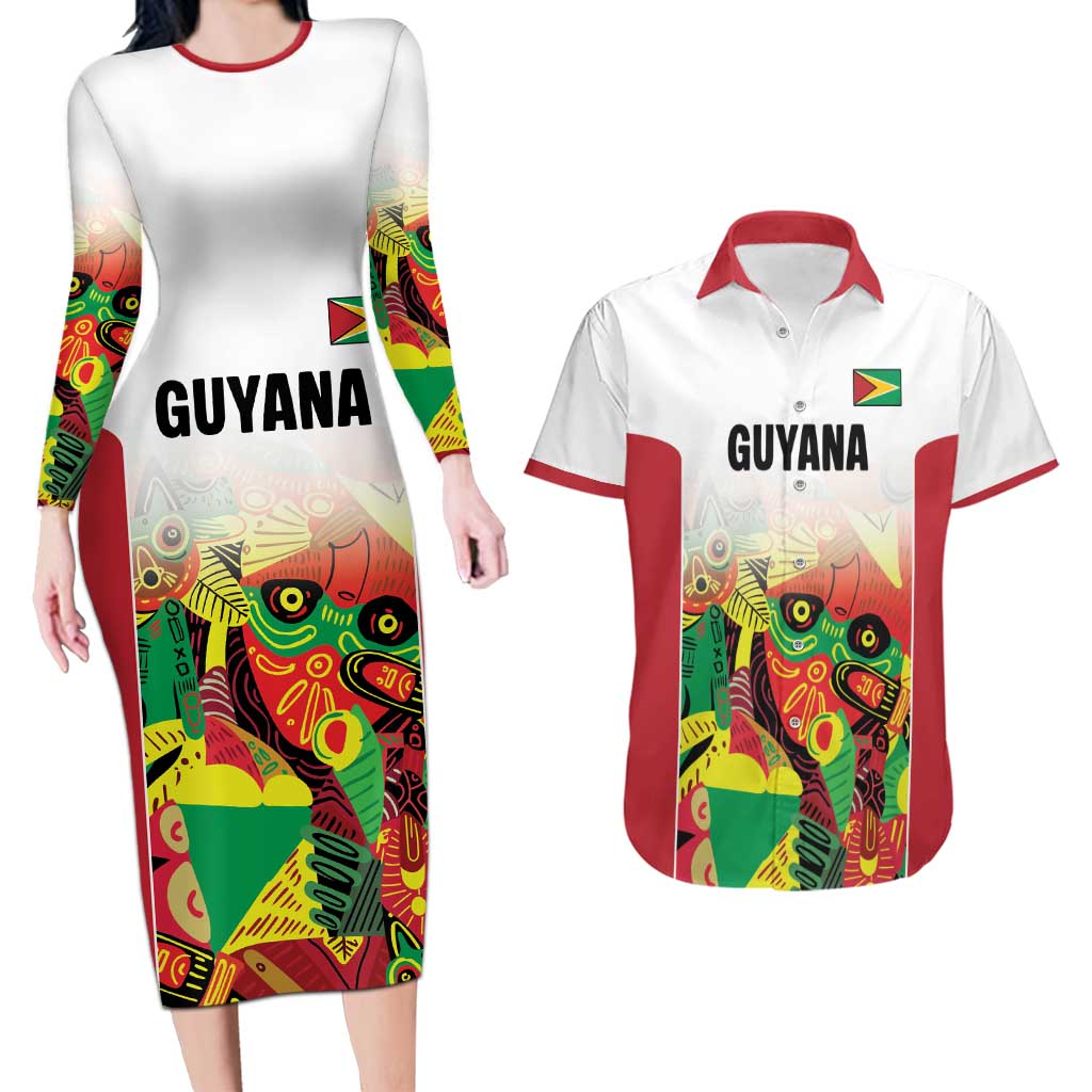 Custom Guyana Football Couples Matching Long Sleeve Bodycon Dress and Hawaiian Shirt Golden Jaguars Spirit - White - Wonder Print Shop