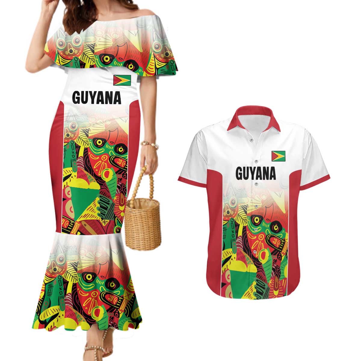 Custom Guyana Football Couples Matching Mermaid Dress and Hawaiian Shirt Golden Jaguars Spirit - White - Wonder Print Shop