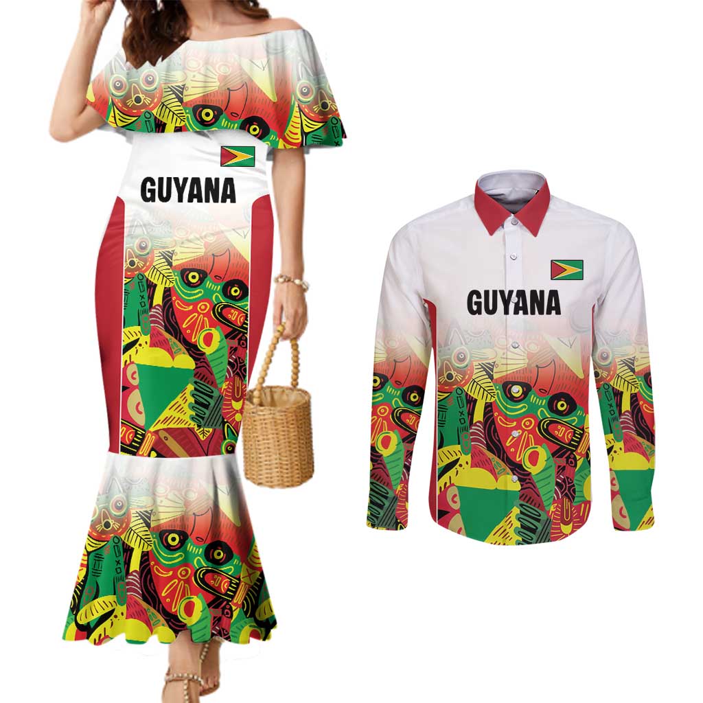 Custom Guyana Football Couples Matching Mermaid Dress and Long Sleeve Button Shirt Golden Jaguars Spirit - White - Wonder Print Shop