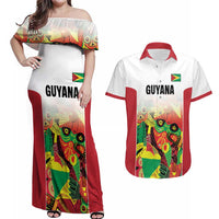 Custom Guyana Football Couples Matching Off Shoulder Maxi Dress and Hawaiian Shirt Golden Jaguars Spirit - White - Wonder Print Shop