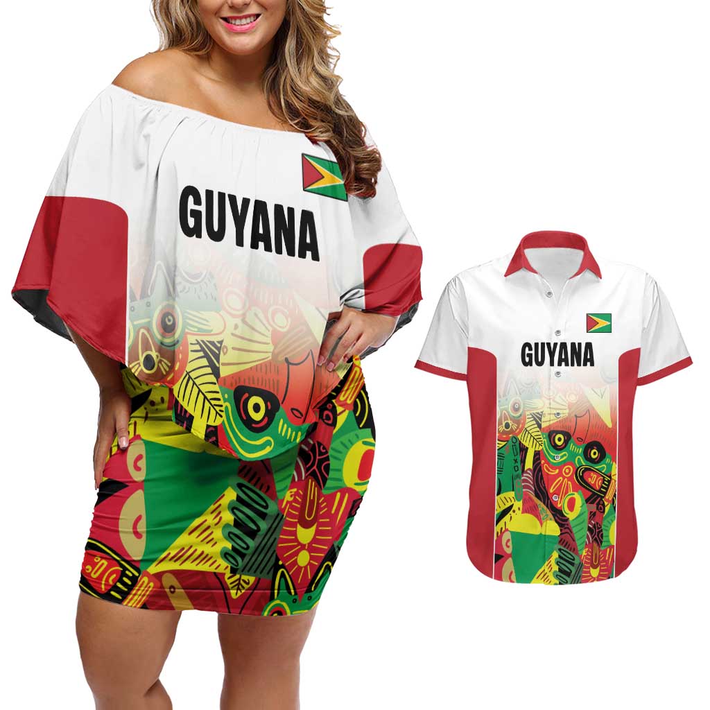 Custom Guyana Football Couples Matching Off Shoulder Short Dress and Hawaiian Shirt Golden Jaguars Spirit - White - Wonder Print Shop