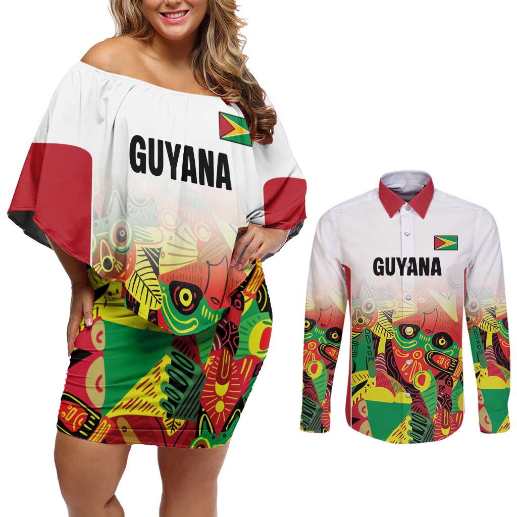 Custom Guyana Football Couples Matching Off Shoulder Short Dress and Long Sleeve Button Shirt Golden Jaguars Spirit - White - Wonder Print Shop