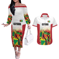 Custom Guyana Football Couples Matching Off The Shoulder Long Sleeve Dress and Hawaiian Shirt Golden Jaguars Spirit - White - Wonder Print Shop