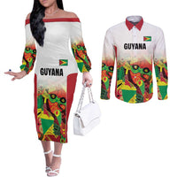 Custom Guyana Football Couples Matching Off The Shoulder Long Sleeve Dress and Long Sleeve Button Shirt Golden Jaguars Spirit - White - Wonder Print Shop
