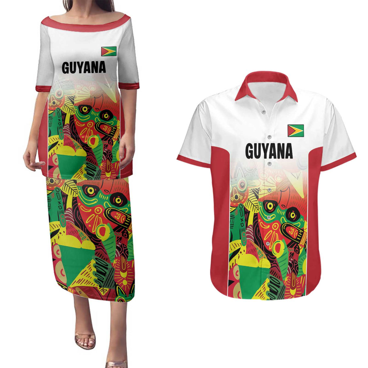 Custom Guyana Football Couples Matching Puletasi and Hawaiian Shirt Golden Jaguars Spirit - White - Wonder Print Shop