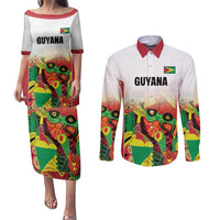 Custom Guyana Football Couples Matching Puletasi and Long Sleeve Button Shirt Golden Jaguars Spirit - White - Wonder Print Shop