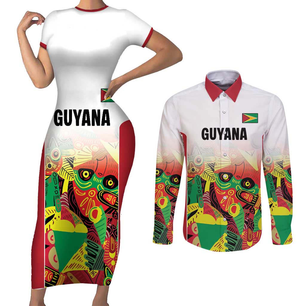 Custom Guyana Football Couples Matching Short Sleeve Bodycon Dress and Long Sleeve Button Shirt Golden Jaguars Spirit - White - Wonder Print Shop
