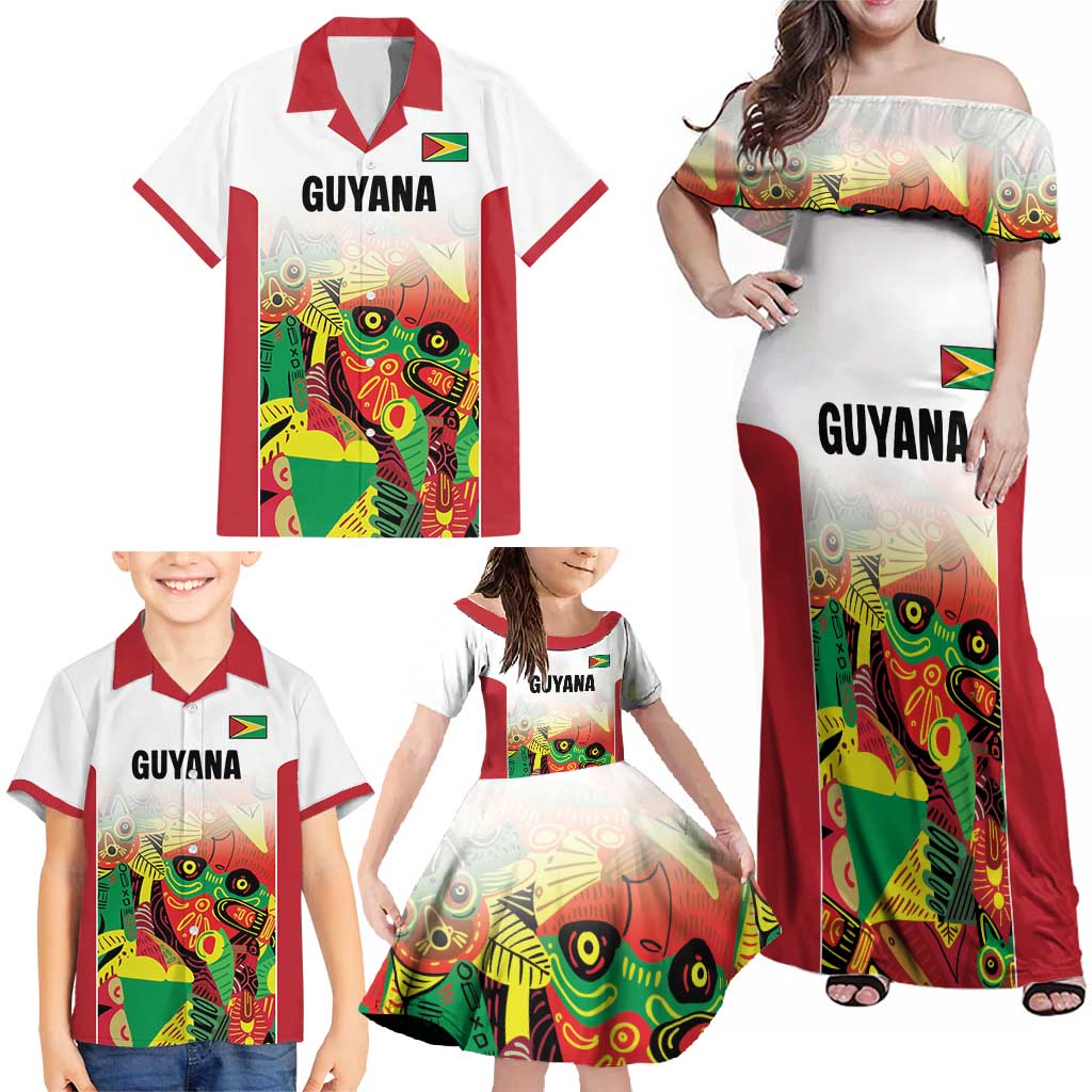 Custom Guyana Football Family Matching Off Shoulder Maxi Dress and Hawaiian Shirt Golden Jaguars Spirit - White - Wonder Print Shop
