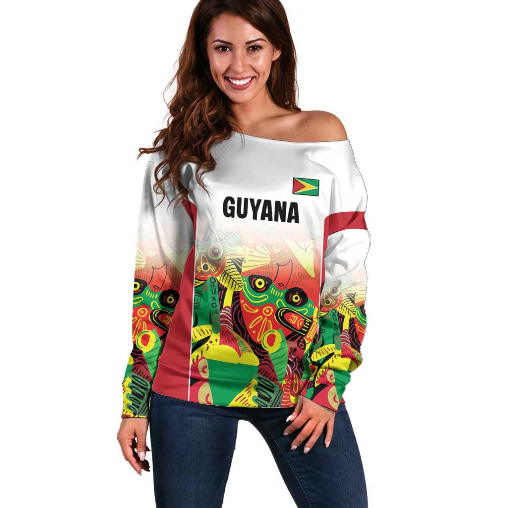 Custom Guyana Football Off Shoulder Sweater Golden Jaguars Spirit - White - Wonder Print Shop